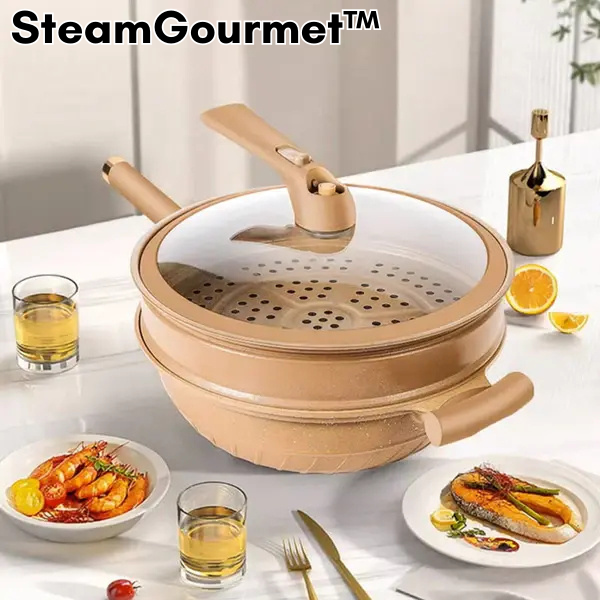 SteamGourmet™ | Antihaft Ton Wok mit Dampfgarer Korb